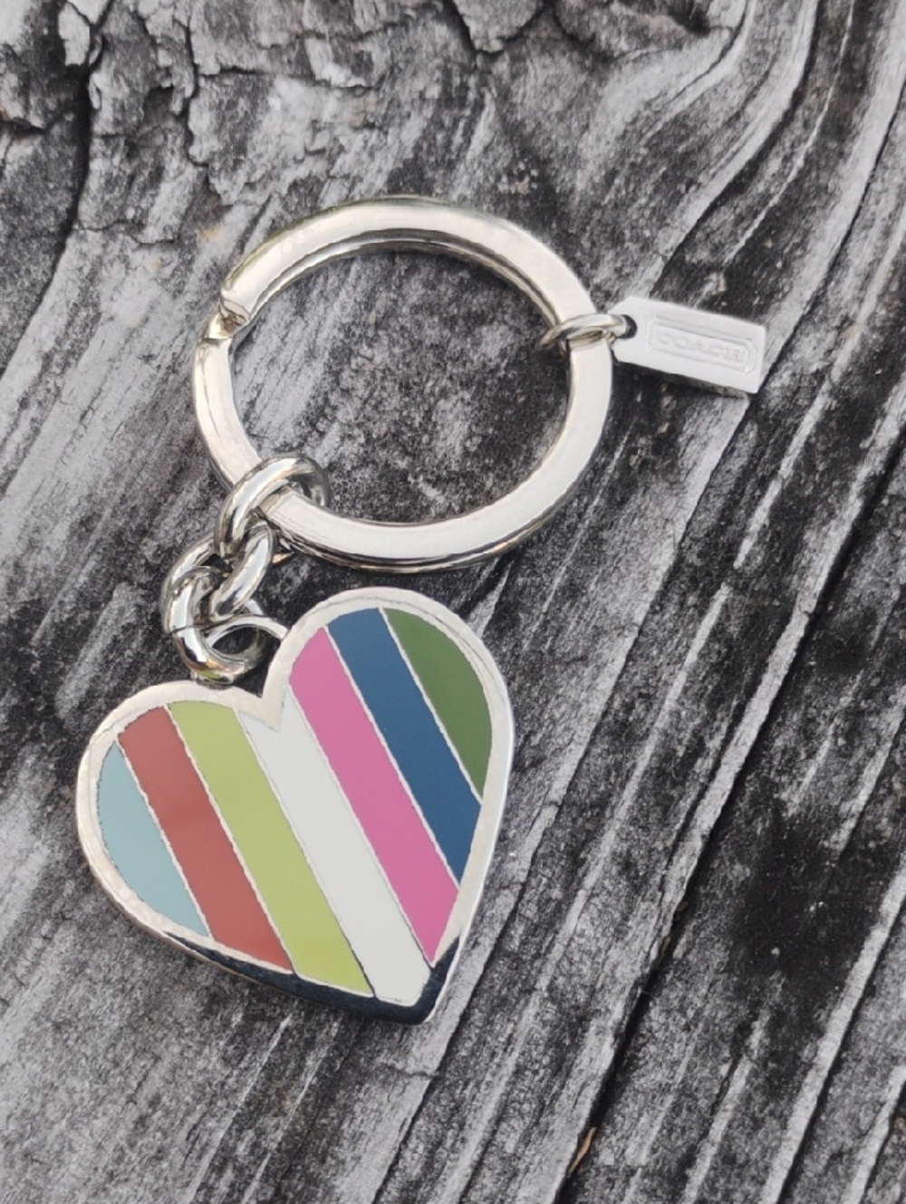 Coach Legacy striped heart keychain fob, style #92109. 